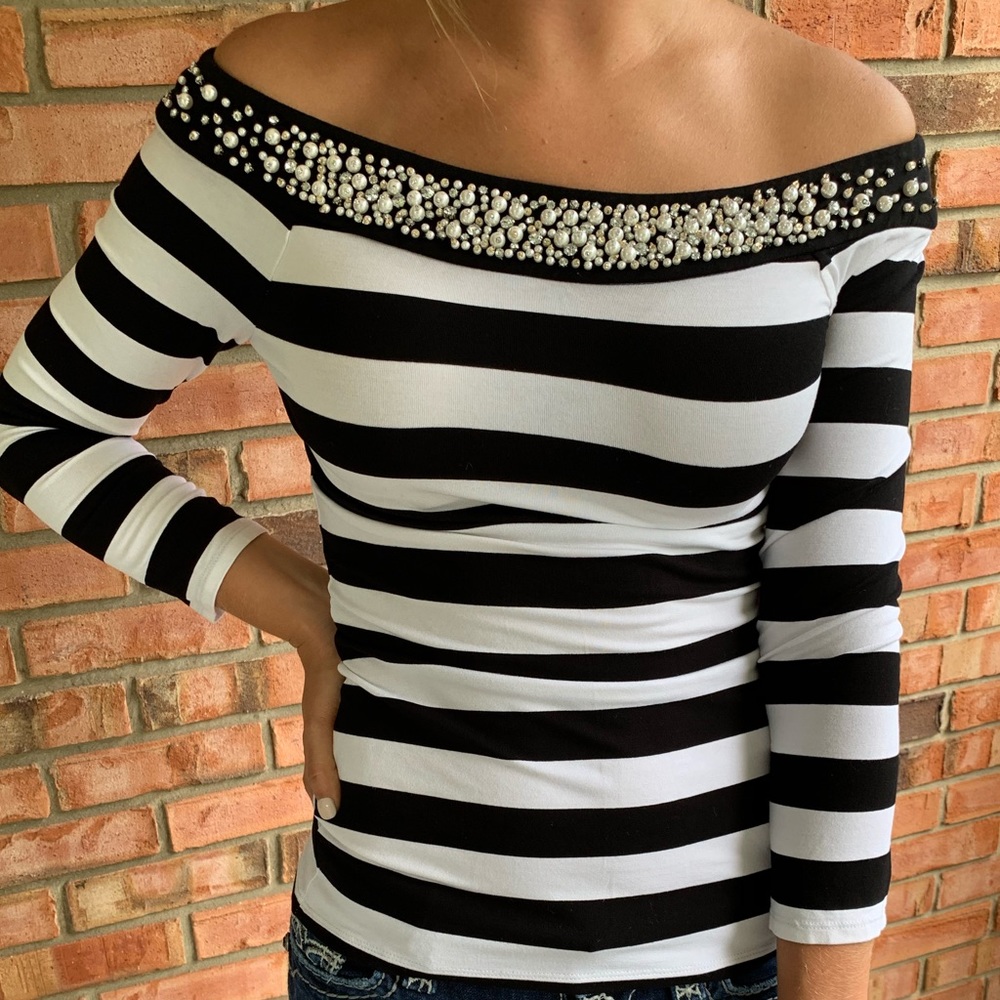 Black and white beaded striped shirt